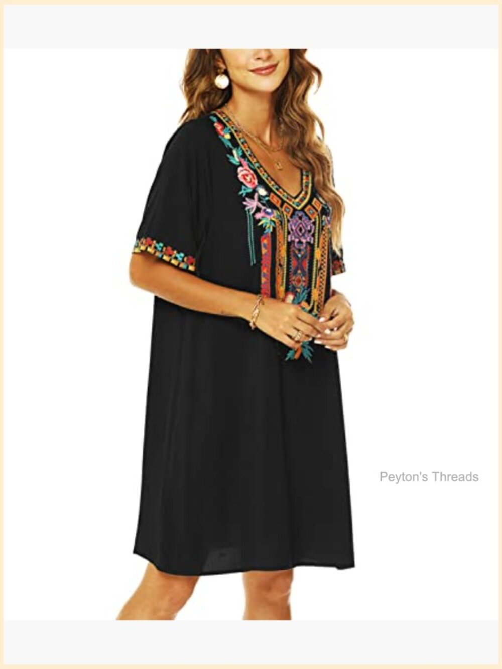 Boho Embroidered Dress V-Neck Short Sleeve Midi Dress Floral Embroidery - Picture 3 of 7